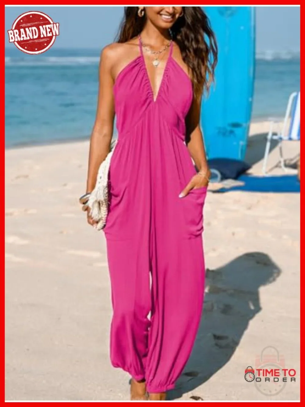 Halter V Neck Sleeveless Pleated Maxi Jumpsuit with Pockets